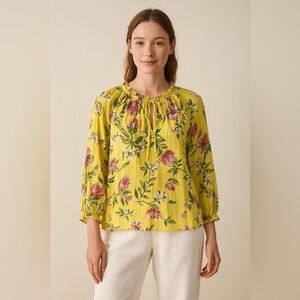 LOFT Yellow Floral Sheer Peasant Blouse Women’s L Cottagecore Fairycore Boho